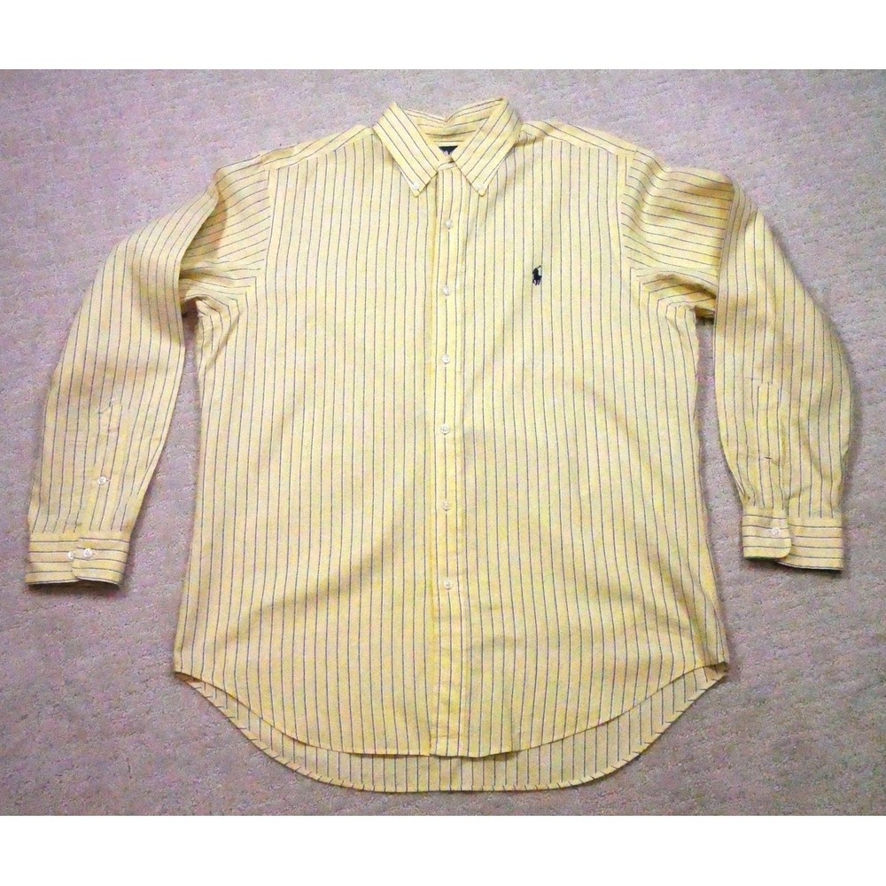 Vintage Ralph Lauren Polo Men Classic Striped Button Down Shirt Yellow Navy 16